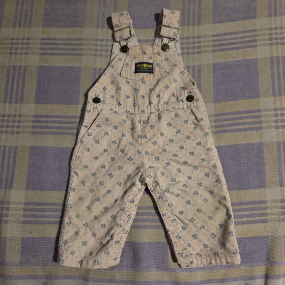 OshKosh B'gosh Vintage Pink Floral Girls Corduroy Overalls Size 12 Months Cotton - Picture 1 of 8
